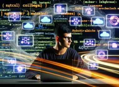 Junger Data Professional mit Laptop, umgeben von verschlungenen SQL-Befehlen, Datenbank-Ikonen und Dashboard-Grafiken, vor leuchtenden Datenströmen und Cloud-Symbolen