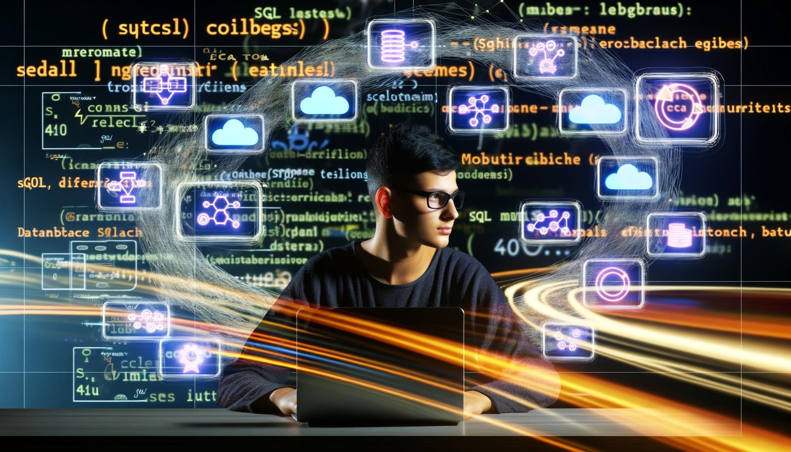 Junger Data Professional mit Laptop, umgeben von verschlungenen SQL-Befehlen, Datenbank-Ikonen und Dashboard-Grafiken, vor leuchtenden Datenströmen und Cloud-Symbolen