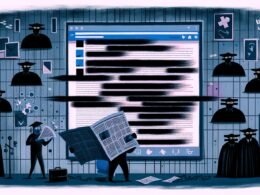 Düstere Editorial-Illustration mit Facebook-Feed, Algorithmen als schwarze Wolken, Mauern, Politikern, Behörden, voll Codezeilen im Hintergrund, und einer Person im Vordergrund mit digital verpixeltem Mund und zerschnittenem Zeitungsartikel. Die Szene vermittelt digitale Zensur und Überwachung.