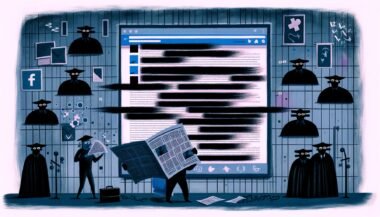 Düstere Editorial-Illustration mit Facebook-Feed, Algorithmen als schwarze Wolken, Mauern, Politikern, Behörden, voll Codezeilen im Hintergrund, und einer Person im Vordergrund mit digital verpixeltem Mund und zerschnittenem Zeitungsartikel. Die Szene vermittelt digitale Zensur und Überwachung.