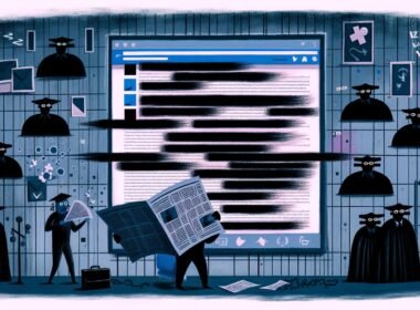 Düstere Editorial-Illustration mit Facebook-Feed, Algorithmen als schwarze Wolken, Mauern, Politikern, Behörden, voll Codezeilen im Hintergrund, und einer Person im Vordergrund mit digital verpixeltem Mund und zerschnittenem Zeitungsartikel. Die Szene vermittelt digitale Zensur und Überwachung.