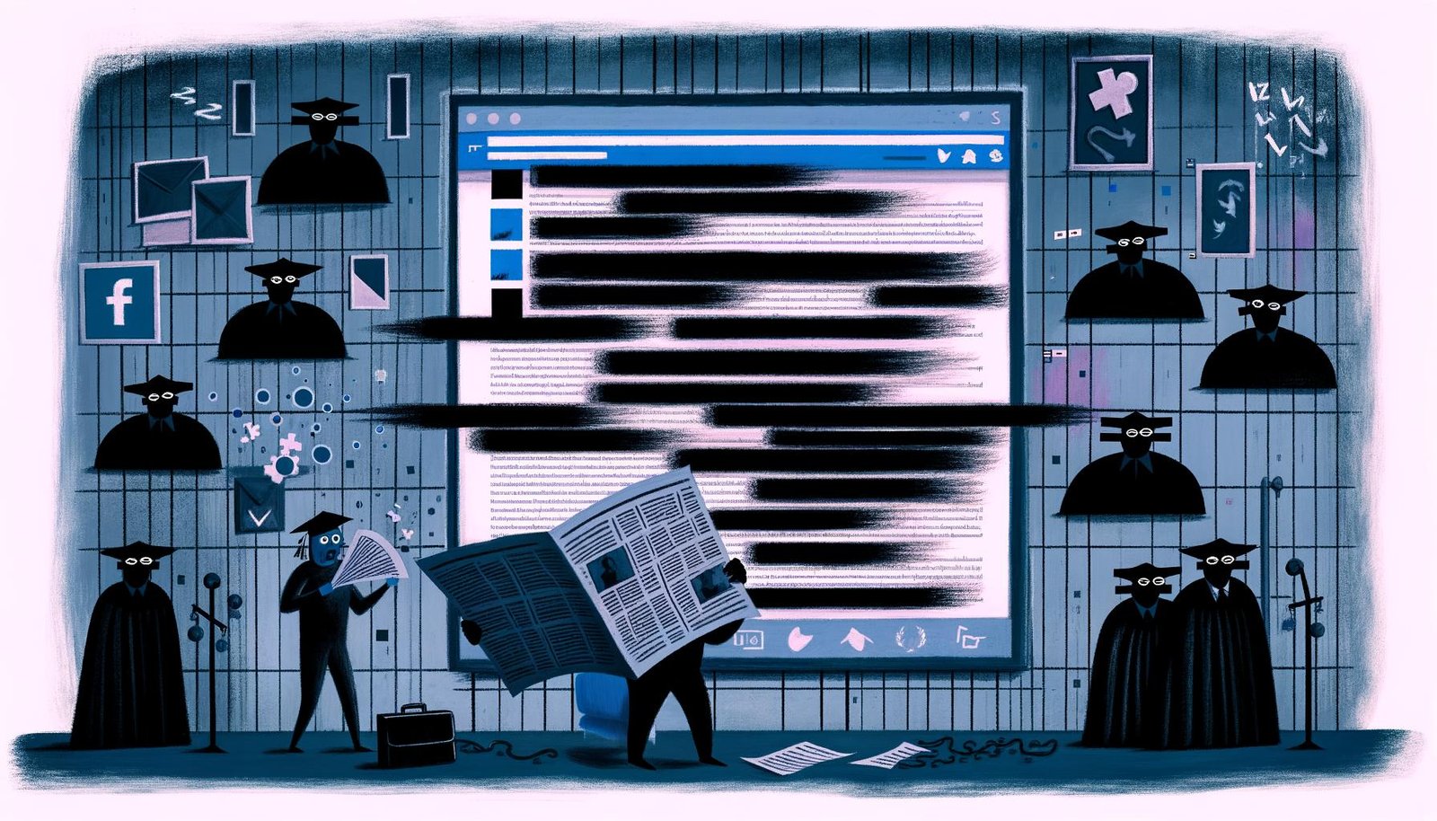 Düstere Editorial-Illustration mit Facebook-Feed, Algorithmen als schwarze Wolken, Mauern, Politikern, Behörden, voll Codezeilen im Hintergrund, und einer Person im Vordergrund mit digital verpixeltem Mund und zerschnittenem Zeitungsartikel. Die Szene vermittelt digitale Zensur und Überwachung.