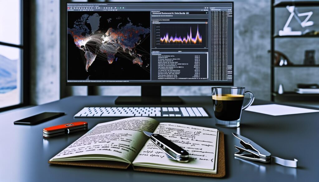 Moderner dunkler Data-Science-Arbeitsplatz mit großem Monitor voller bunter Statistik-Plots, offenem Notizbuch mit Formeln und Python-Code, Schweizer Taschenmesser und Espresso.