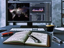 Moderner dunkler Data-Science-Arbeitsplatz mit großem Monitor voller bunter Statistik-Plots, offenem Notizbuch mit Formeln und Python-Code, Schweizer Taschenmesser und Espresso.