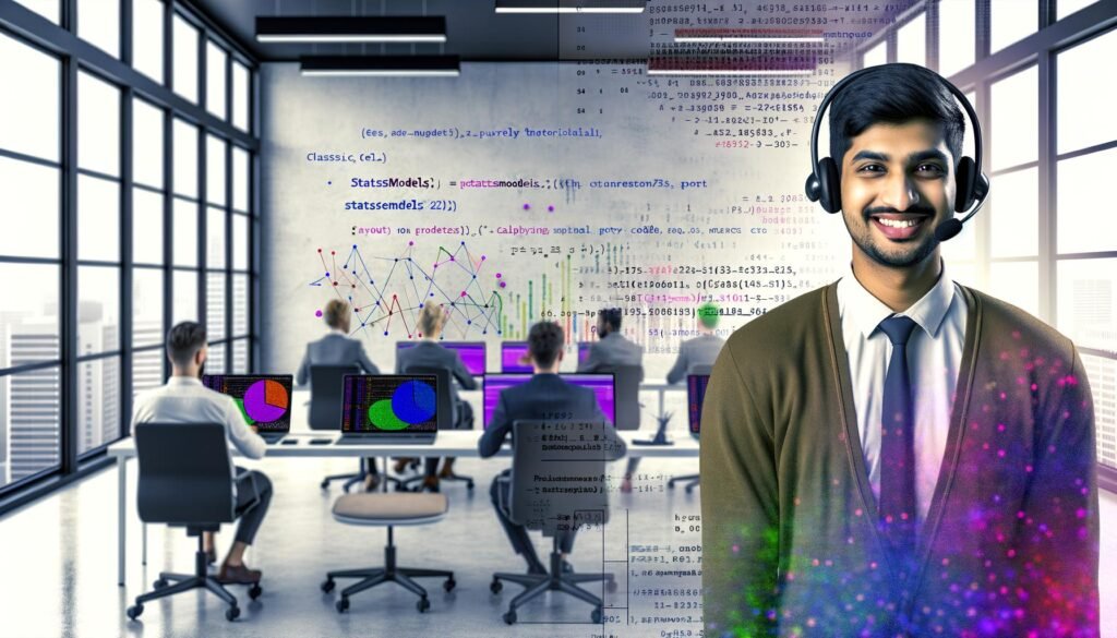 Team von Datenprofis arbeitet in einem modernen, hellen Büro an Laptops mit bunten Datenvisualisierungen und statsmodels-Python-Code, im Zentrum ein junger Experte mit Headset vor Whiteboard voller Formeln.