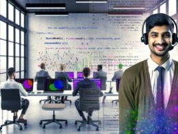 Team von Datenprofis arbeitet in einem modernen, hellen Büro an Laptops mit bunten Datenvisualisierungen und statsmodels-Python-Code, im Zentrum ein junger Experte mit Headset vor Whiteboard voller Formeln.