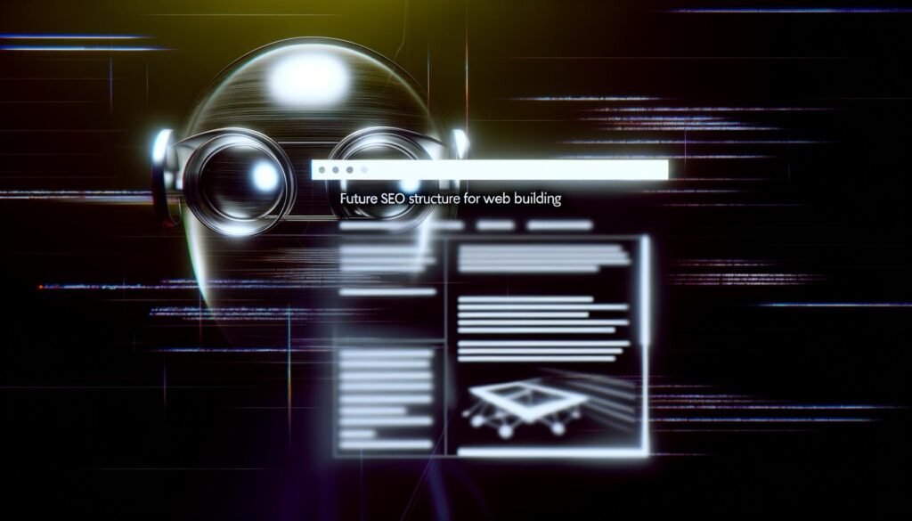 Abstraktes, futuristisches Titelbild mit Builder.io Pagebuilder Interface, Drag&Drop-Elementen, dunklem Farbschema, Codezeilen und kritisch blickendem Googlebot-Kopf.