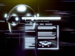 Abstraktes, futuristisches Titelbild mit Builder.io Pagebuilder Interface, Drag&Drop-Elementen, dunklem Farbschema, Codezeilen und kritisch blickendem Googlebot-Kopf.