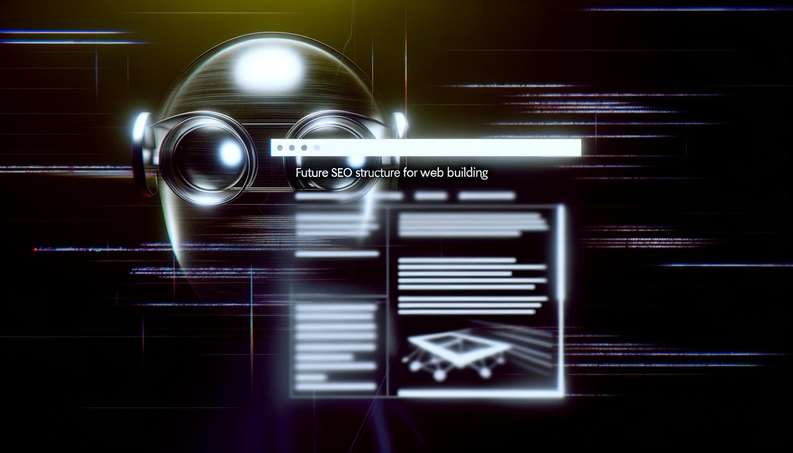 Abstraktes, futuristisches Titelbild mit Builder.io Pagebuilder Interface, Drag&Drop-Elementen, dunklem Farbschema, Codezeilen und kritisch blickendem Googlebot-Kopf.