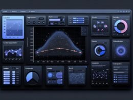 Modernes Dashboard mit interaktivem Statistik-Diagramm, UI-Elementen, Navigationsleiste, Analyse-Panels und Python-Code-Schnipseln, alles auf dunklem, technisch wirkendem Hintergrund.