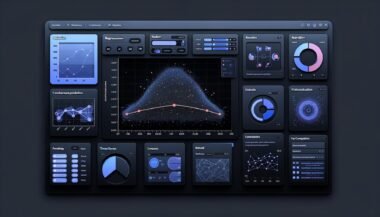Modernes Dashboard mit interaktivem Statistik-Diagramm, UI-Elementen, Navigationsleiste, Analyse-Panels und Python-Code-Schnipseln, alles auf dunklem, technisch wirkendem Hintergrund.