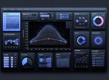 Modernes Dashboard mit interaktivem Statistik-Diagramm, UI-Elementen, Navigationsleiste, Analyse-Panels und Python-Code-Schnipseln, alles auf dunklem, technisch wirkendem Hintergrund.