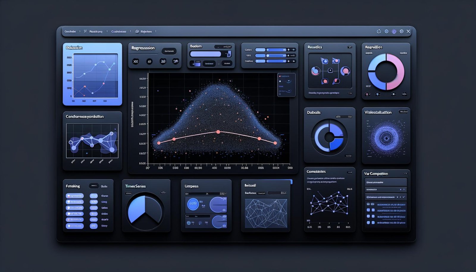 Modernes Dashboard mit interaktivem Statistik-Diagramm, UI-Elementen, Navigationsleiste, Analyse-Panels und Python-Code-Schnipseln, alles auf dunklem, technisch wirkendem Hintergrund.