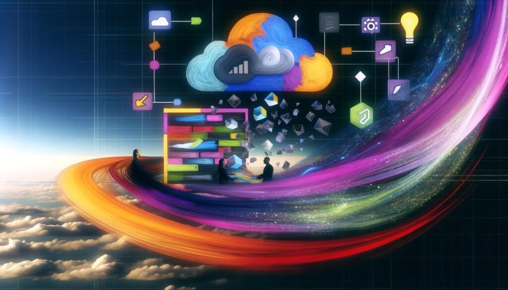 Abstrahiertes, farbenfrohes Interface von Builder.io mit Drag-and-Drop-Elementen, kreativen Avataren sowie grafischer Darstellung von Serverless-Funktionen, CDN, Edge und API-Gateways im Netzwerkkontext.