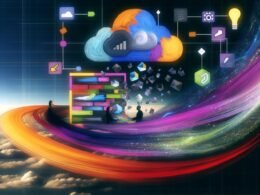 Abstrahiertes, farbenfrohes Interface von Builder.io mit Drag-and-Drop-Elementen, kreativen Avataren sowie grafischer Darstellung von Serverless-Funktionen, CDN, Edge und API-Gateways im Netzwerkkontext.