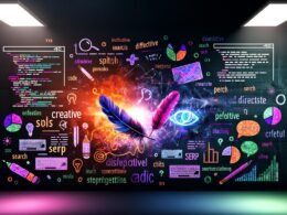 Modernes künstlerisches Titelbild mit Neonfarben zeigt eine explodierende Textlandschaft, umgeben von Codes, Notizzetteln, Suchmasken und Storytelling-Elementen. In der Bildmitte leuchten Feder, Tastatur und Marker.