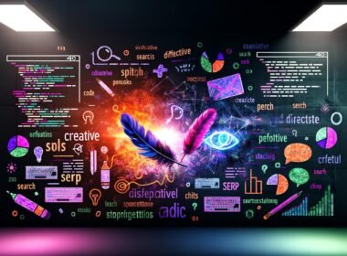 Modernes künstlerisches Titelbild mit Neonfarben zeigt eine explodierende Textlandschaft, umgeben von Codes, Notizzetteln, Suchmasken und Storytelling-Elementen. In der Bildmitte leuchten Feder, Tastatur und Marker.