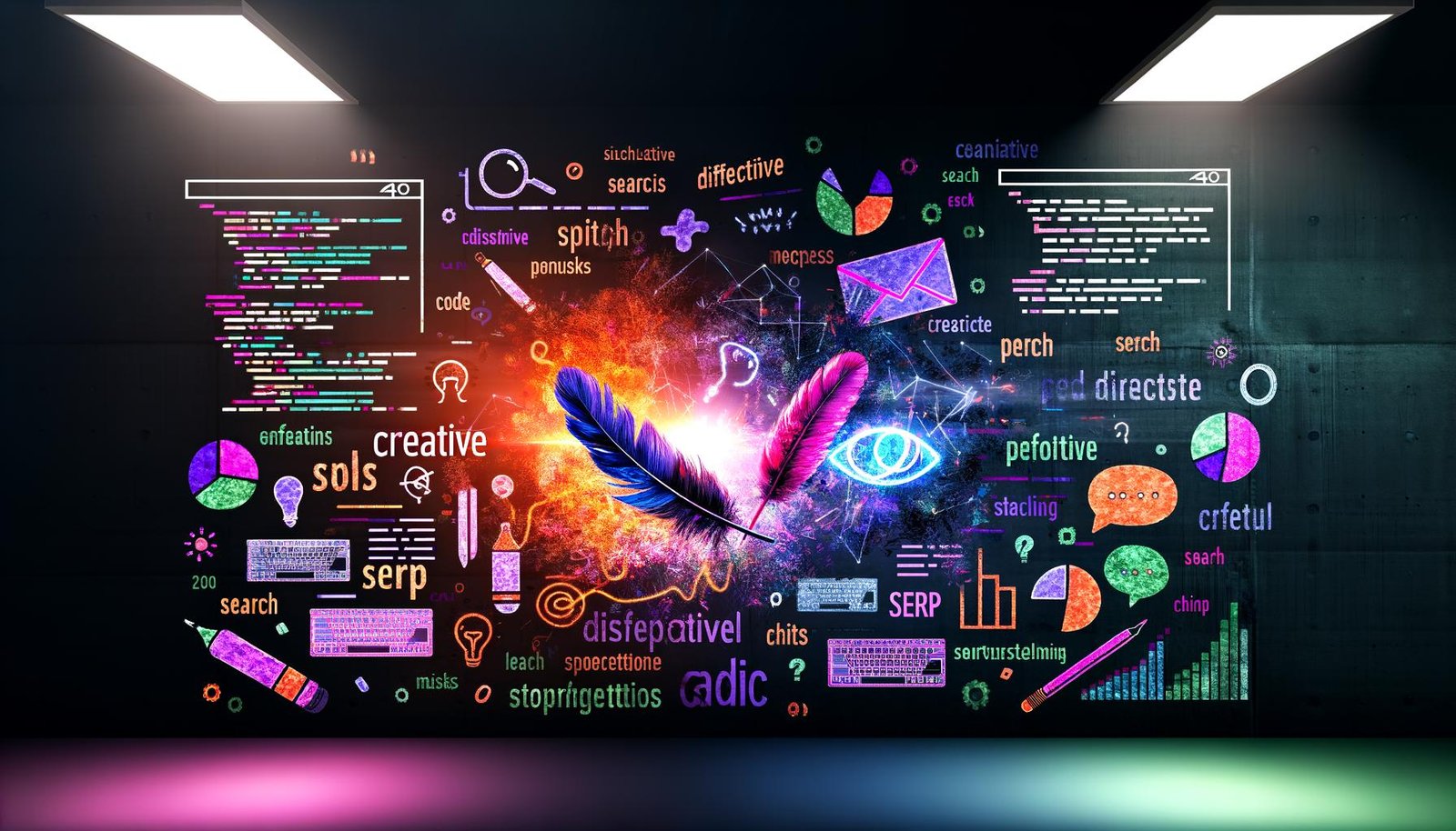 Modernes künstlerisches Titelbild mit Neonfarben zeigt eine explodierende Textlandschaft, umgeben von Codes, Notizzetteln, Suchmasken und Storytelling-Elementen. In der Bildmitte leuchten Feder, Tastatur und Marker.