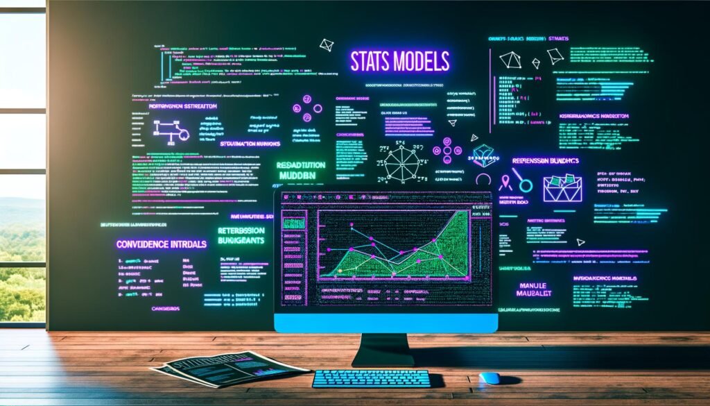 Modernes Workspace mit Statsmodels-Statistiken, Marketingdaten und Integration von Pandas und NumPy, leuchtende Neonakzente und digitale Motive.