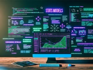 Modernes Workspace mit Statsmodels-Statistiken, Marketingdaten und Integration von Pandas und NumPy, leuchtende Neonakzente und digitale Motive.