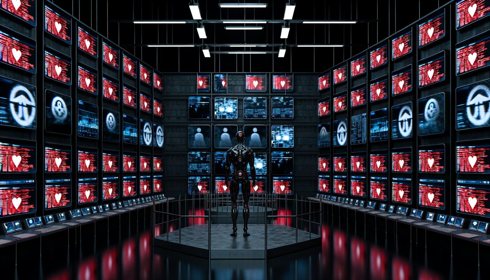 Futuristische Überwachungszentrale mit Monitorwänden, algorithmischem Avatar als Wächter, Social-Media-Feeds und Politikern hinter Glaswänden