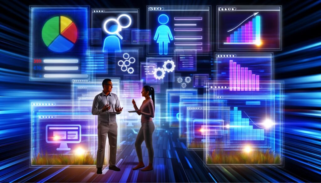 Moderne Illustration von Entwickler und Marketing-Person mit Website-Bausteinen, Dashboards, SEO-Grafiken, Server- und Cloud-Icons im futuristischen Builder.io-Kontext.