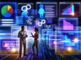 Moderne Illustration von Entwickler und Marketing-Person mit Website-Bausteinen, Dashboards, SEO-Grafiken, Server- und Cloud-Icons im futuristischen Builder.io-Kontext.