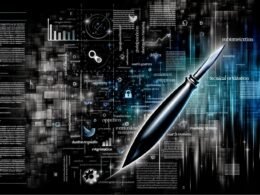 Editorial Illustration: Ein Skalpell durchtrennt verwobene Wörter vor einem Hintergrund aus HTML-Code, Suchsymbolen und Charts mit Anspielungen auf den Google-Algorithmus; alles in monochromen und neonblauen Tönen.