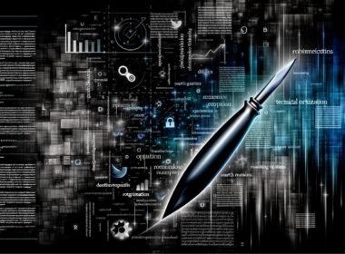 Editorial Illustration: Ein Skalpell durchtrennt verwobene Wörter vor einem Hintergrund aus HTML-Code, Suchsymbolen und Charts mit Anspielungen auf den Google-Algorithmus; alles in monochromen und neonblauen Tönen.