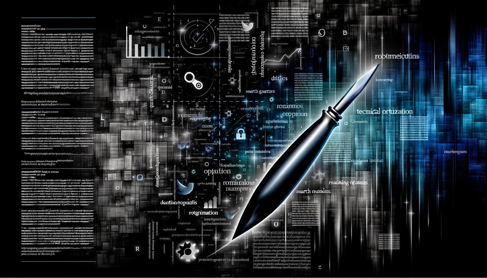 Editorial Illustration: Ein Skalpell durchtrennt verwobene Wörter vor einem Hintergrund aus HTML-Code, Suchsymbolen und Charts mit Anspielungen auf den Google-Algorithmus; alles in monochromen und neonblauen Tönen.