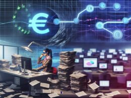 Professioneller Mitarbeiter im modernen Büro, umgeben von Papier, Laptops und KPIs, visualisiert finanzielle Verluste durch Ineffizienz mit digitalen und symbolischen Elementen.