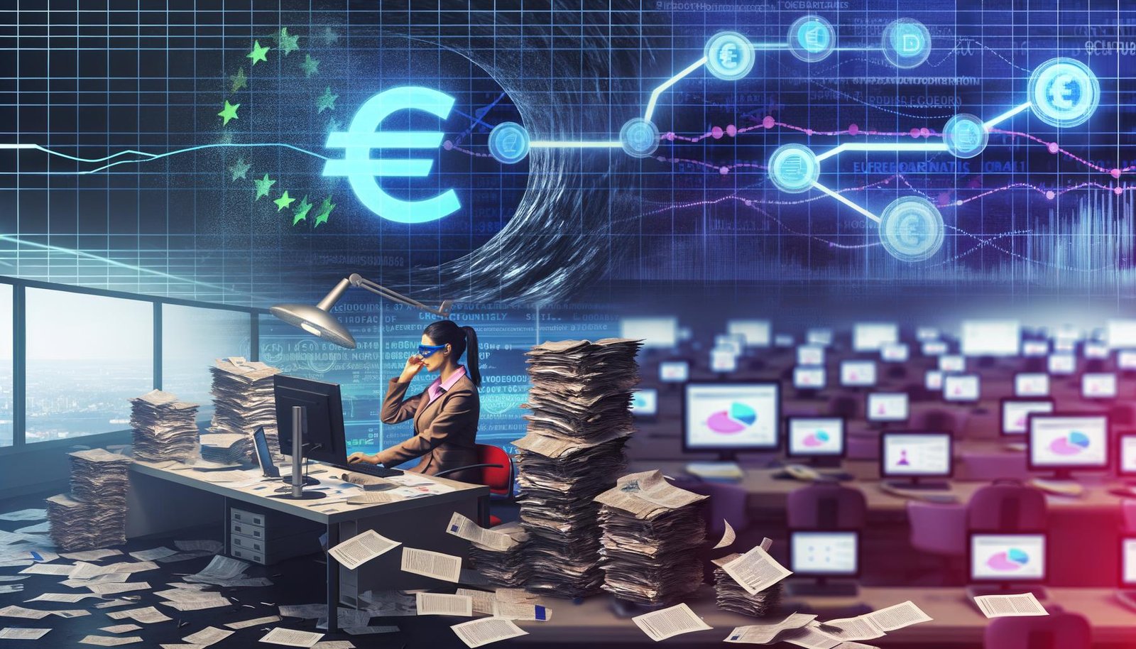 Professioneller Mitarbeiter im modernen Büro, umgeben von Papier, Laptops und KPIs, visualisiert finanzielle Verluste durch Ineffizienz mit digitalen und symbolischen Elementen.