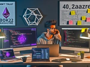 Arbeitsplatz einer modernen Entwickler:in mit drei Monitoren für Builder.io, React/Next.js, Web3-Dashboard, Wallet-Logins, Smart-Contract-Transaktionen, APIs und Notizen zu SSR/SSG.