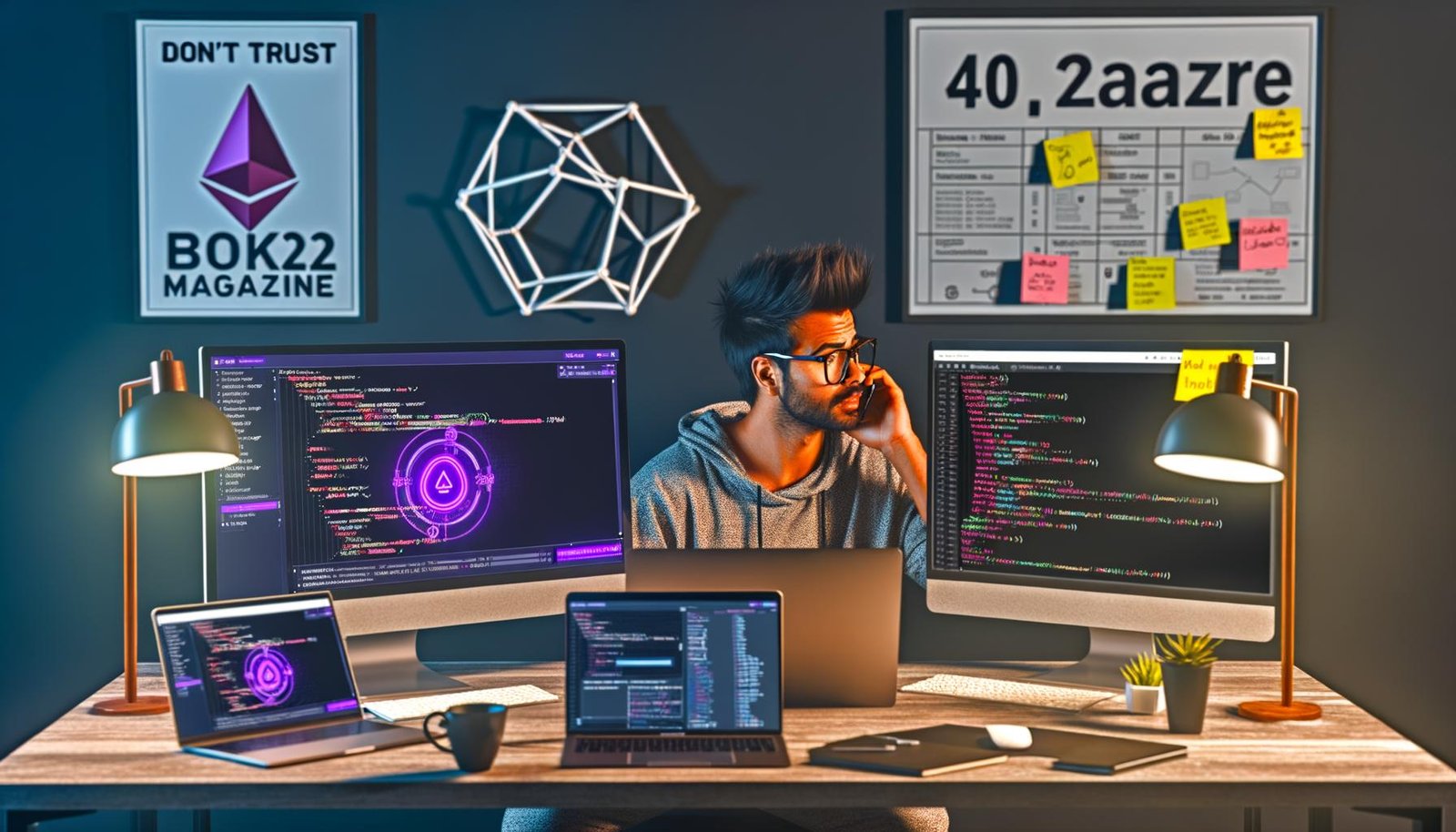 Arbeitsplatz einer modernen Entwickler:in mit drei Monitoren für Builder.io, React/Next.js, Web3-Dashboard, Wallet-Logins, Smart-Contract-Transaktionen, APIs und Notizen zu SSR/SSG.