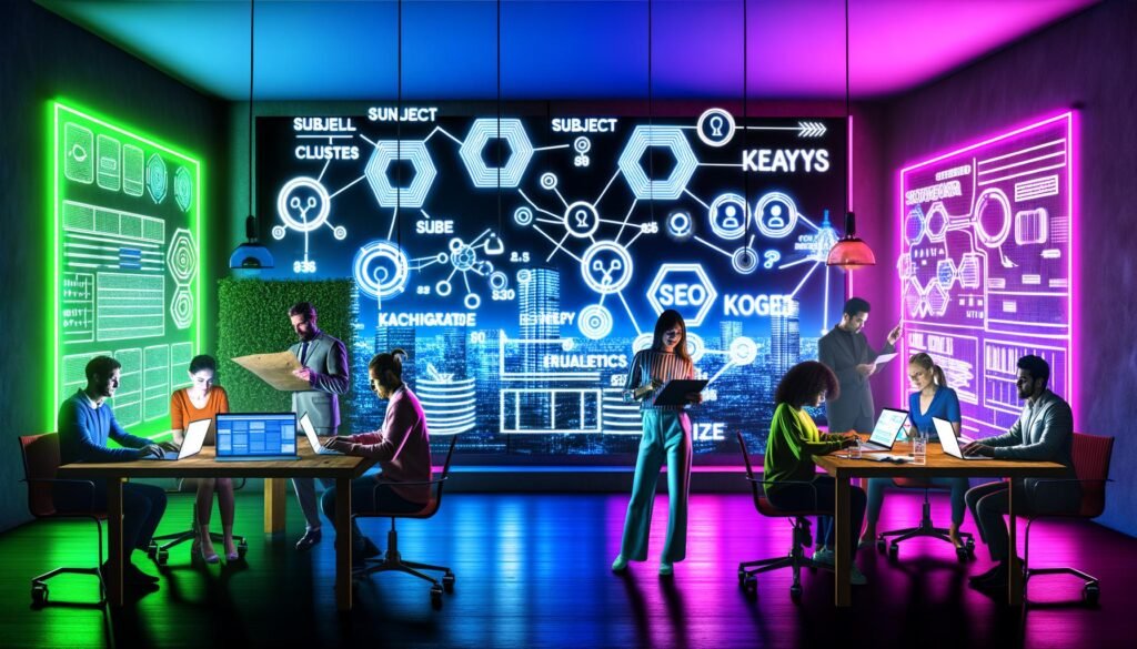 Digitale Arbeitsumgebung mit großen Strategie-Bildschirmen, kreativen Inhalten und einem Team beim Planen von Keywords und Content-Strukturen