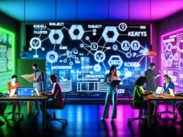 Digitale Arbeitsumgebung mit großen Strategie-Bildschirmen, kreativen Inhalten und einem Team beim Planen von Keywords und Content-Strukturen