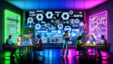 Digitale Arbeitsumgebung mit großen Strategie-Bildschirmen, kreativen Inhalten und einem Team beim Planen von Keywords und Content-Strukturen