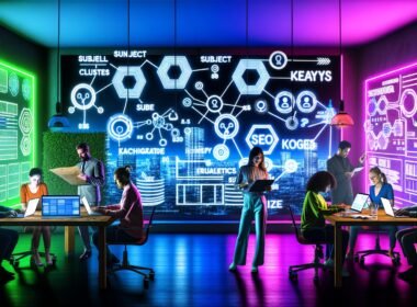 Digitale Arbeitsumgebung mit großen Strategie-Bildschirmen, kreativen Inhalten und einem Team beim Planen von Keywords und Content-Strukturen