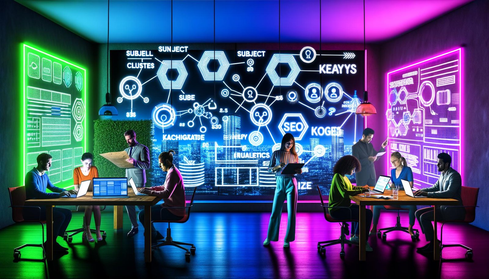 Digitale Arbeitsumgebung mit großen Strategie-Bildschirmen, kreativen Inhalten und einem Team beim Planen von Keywords und Content-Strukturen