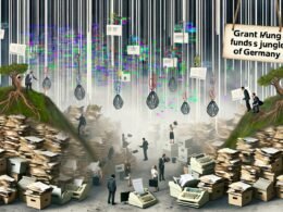 Menschen in Business-Kleidung kämpfen sich durch einen Dschungel aus Aktenordnern, Faxgeräten, Büroklammern und alten Desktop-Computern. Digitale Symbole und Papierstapel vermitteln das Chaos der Fördermittel-Bürokratie in Deutschland.