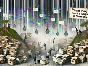 Menschen in Business-Kleidung kämpfen sich durch einen Dschungel aus Aktenordnern, Faxgeräten, Büroklammern und alten Desktop-Computern. Digitale Symbole und Papierstapel vermitteln das Chaos der Fördermittel-Bürokratie in Deutschland.