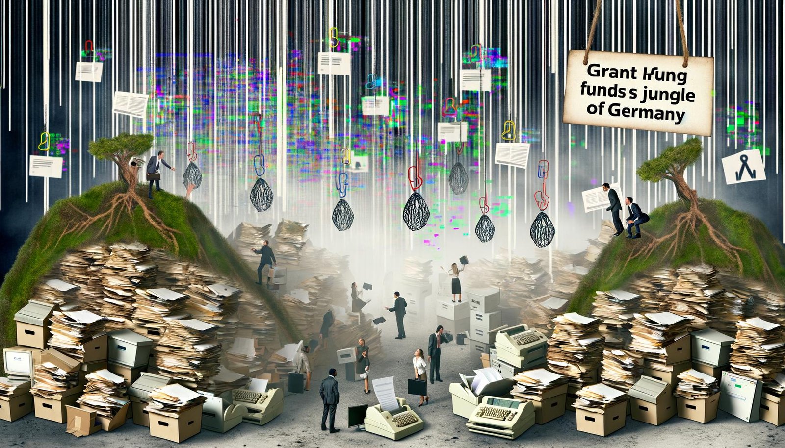 Menschen in Business-Kleidung kämpfen sich durch einen Dschungel aus Aktenordnern, Faxgeräten, Büroklammern und alten Desktop-Computern. Digitale Symbole und Papierstapel vermitteln das Chaos der Fördermittel-Bürokratie in Deutschland.