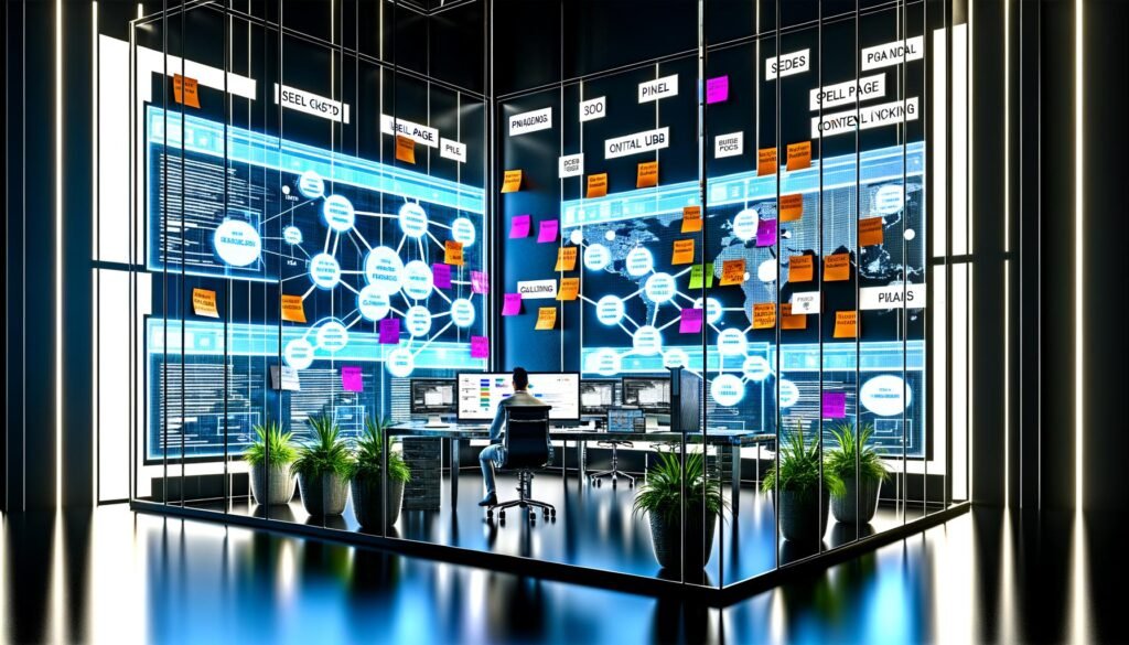 Futuristischer Arbeitsplatz mit mehreren Bildschirmen, SEO-Charts, Content-Maps und einem Strategen mit Notizen zu Inhaltsarchitektur