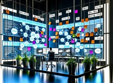 Futuristischer Arbeitsplatz mit mehreren Bildschirmen, SEO-Charts, Content-Maps und einem Strategen mit Notizen zu Inhaltsarchitektur