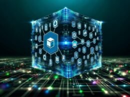 Modernes Editorial-Artwork mit schwebendem Würfel, Contentful- und Blockchain-Logos, umgeben von digitalen Assets und leuchtenden Netzwerk-Linien auf dunkelblauem Hintergrund.