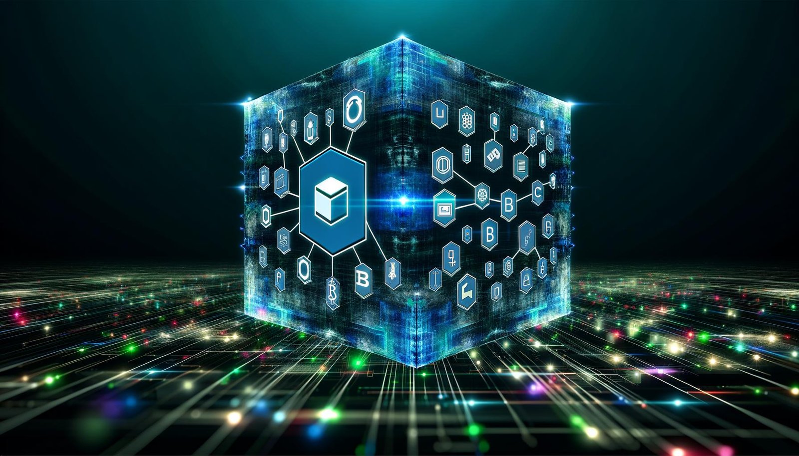 Modernes Editorial-Artwork mit schwebendem Würfel, Contentful- und Blockchain-Logos, umgeben von digitalen Assets und leuchtenden Netzwerk-Linien auf dunkelblauem Hintergrund.