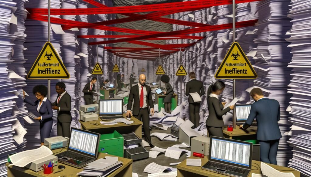 Frustrierte Geschäftsleute kämpfen sich durch Papierberge, alte Laptops und Warnhinweise auf der Suche nach Effizienz in der deutschen Fördermittelbewertung.