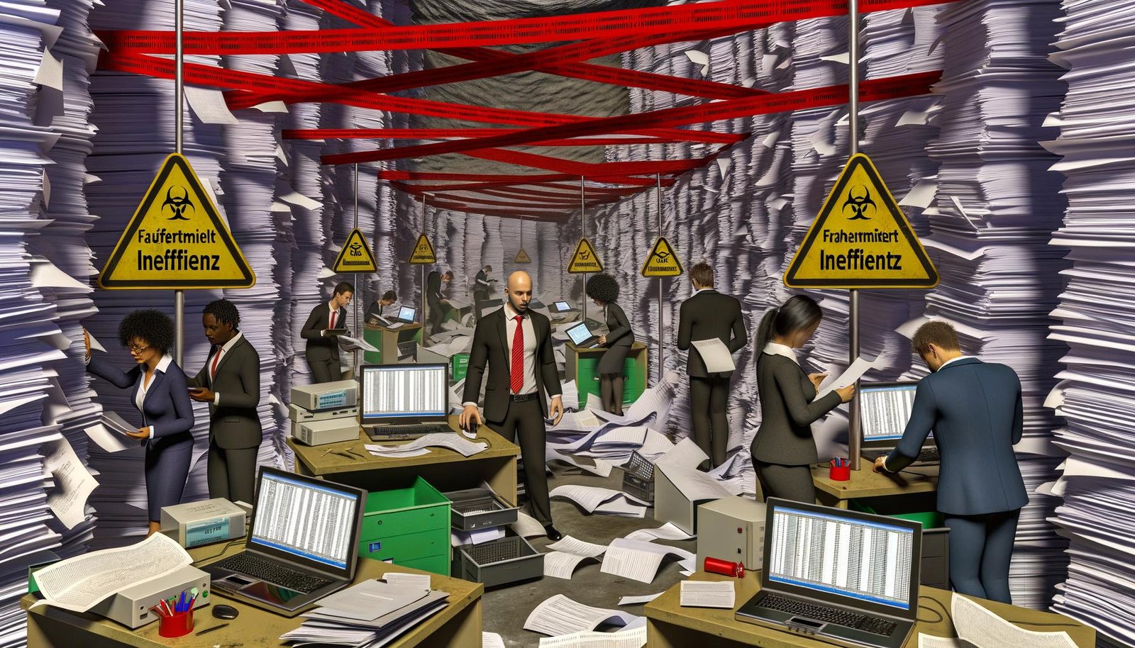 Frustrierte Geschäftsleute kämpfen sich durch Papierberge, alte Laptops und Warnhinweise auf der Suche nach Effizienz in der deutschen Fördermittelbewertung.