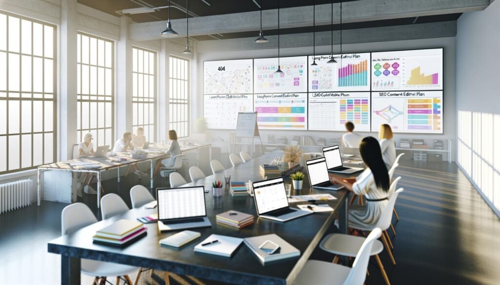 Modernes Loft-Redaktionsbüro mit digitalem Touchscreen-Tisch, Content-Kalendern, SEO-Daten und einem kreativen Team von Content-Profis bei der Arbeit. Im Fokus: Longform Content Redaktionsplan für 404 Magazin.