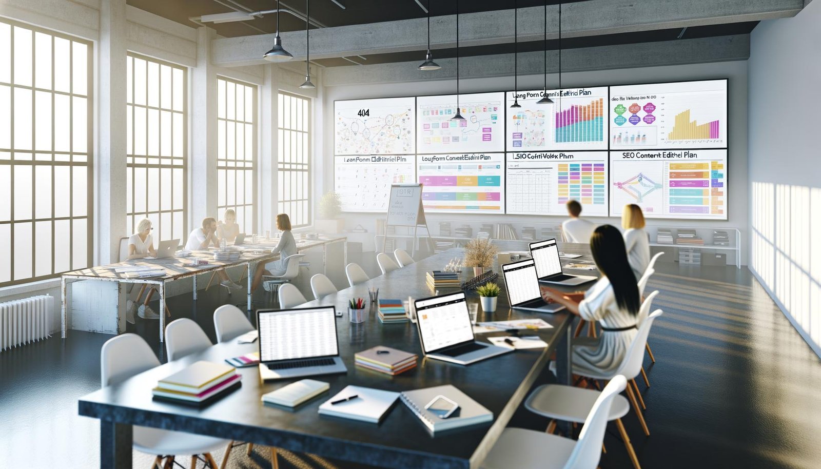 Modernes Loft-Redaktionsbüro mit digitalem Touchscreen-Tisch, Content-Kalendern, SEO-Daten und einem kreativen Team von Content-Profis bei der Arbeit. Im Fokus: Longform Content Redaktionsplan für 404 Magazin.